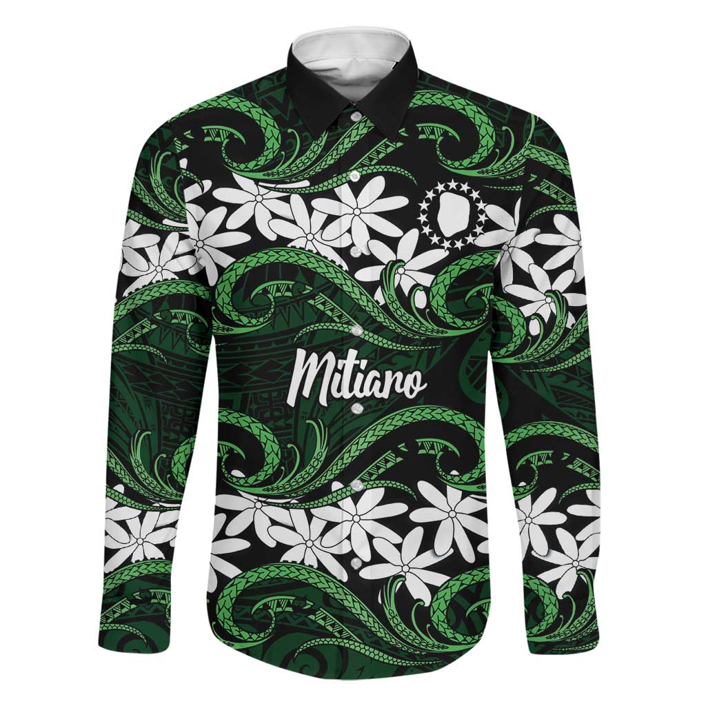 Personalised Cook Islands Mitiaro Family Matching Short Sleeve Bodycon Dress and Hawaiian Shirt Tiare Maori Polynesian Waves Tattoo LT14 Dad's Shirt - Long Sleeve Green - Polynesian Pride
