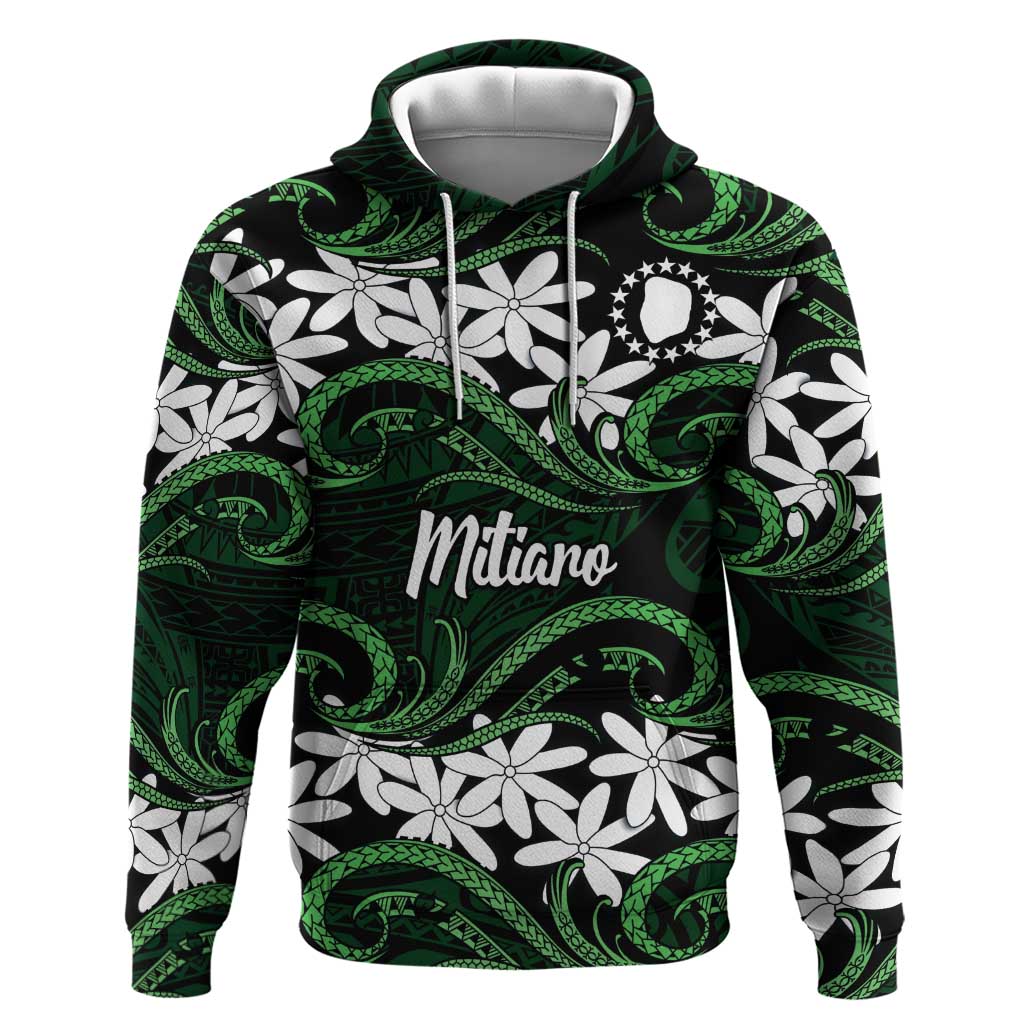 Personalised Cook Islands Mitiaro Hoodie Tiare Maori Polynesian Waves Tattoo LT14 Pullover Hoodie Green - Polynesian Pride