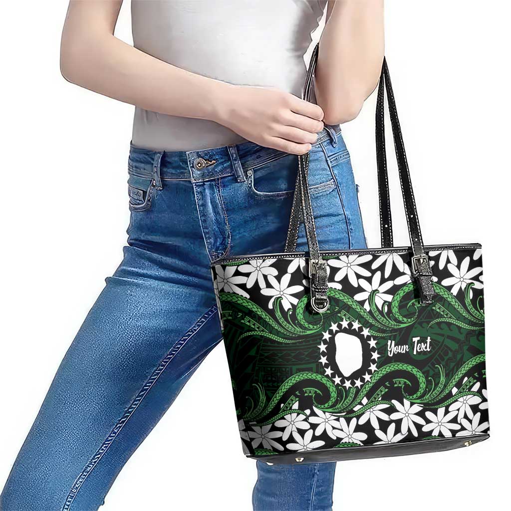 Personalised Cook Islands Mitiaro Leather Tote Bag Tiare Maori Polynesian Waves Tattoo