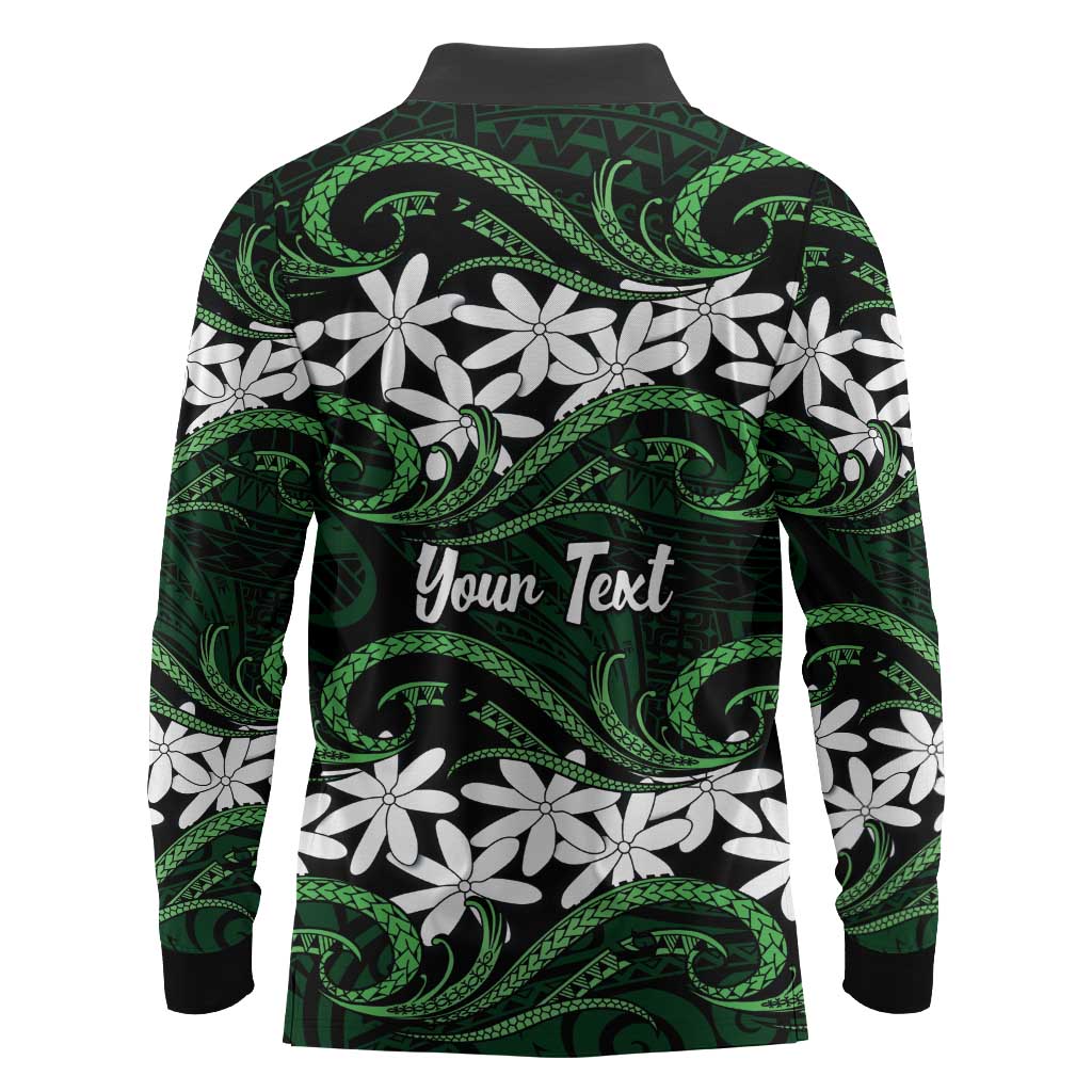 Personalised Cook Islands Mitiaro Long Sleeve Polo Shirt Tiare Maori Polynesian Waves Tattoo
