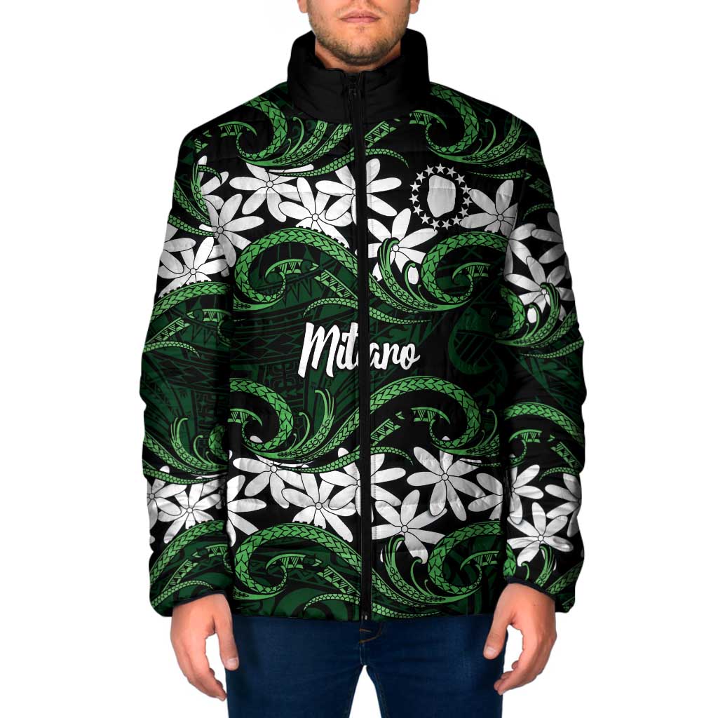 Personalised Cook Islands Mitiaro Padded Jacket Tiare Maori Polynesian Waves Tattoo