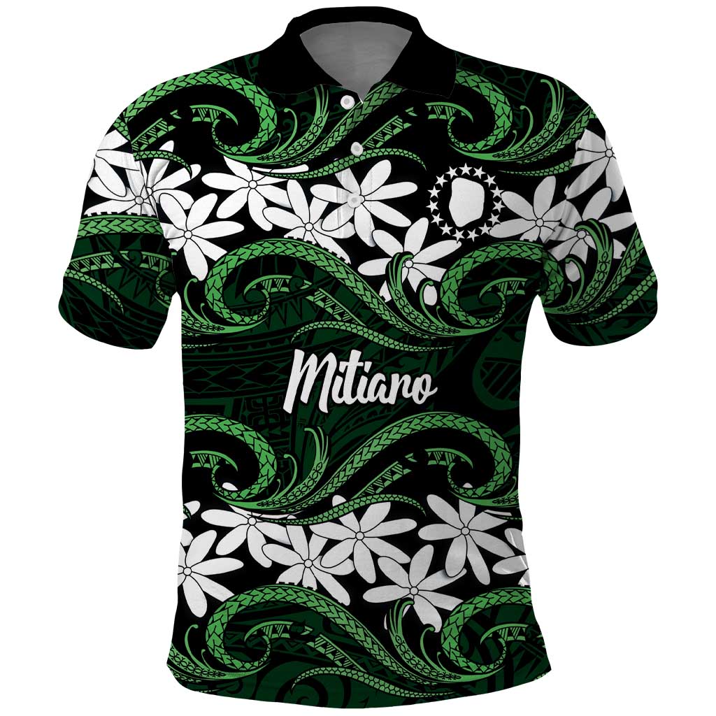 Personalised Cook Islands Mitiaro Polo Shirt Tiare Maori Polynesian Waves Tattoo LT14 Green - Polynesian Pride