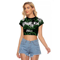 Personalised Cook Islands Mitiaro Raglan Cropped T Shirt Tiare Maori Polynesian Waves Tattoo