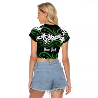Personalised Cook Islands Mitiaro Raglan Cropped T Shirt Tiare Maori Polynesian Waves Tattoo