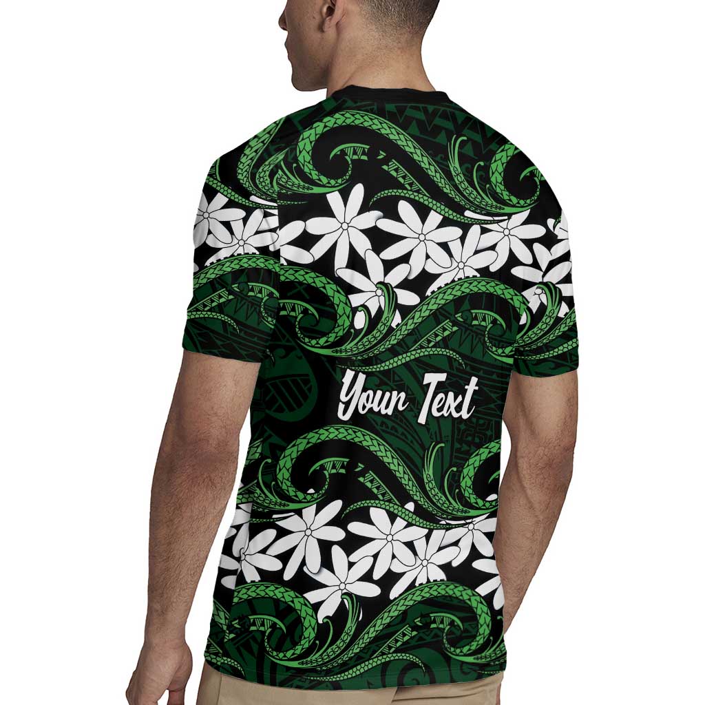 Personalised Cook Islands Mitiaro Rugby Jersey Tiare Maori Polynesian Waves Tattoo