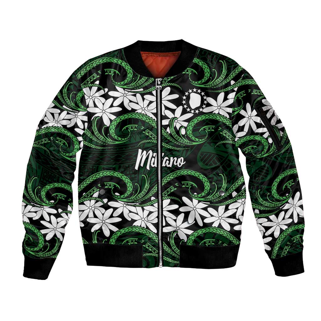 Personalised Cook Islands Mitiaro Sleeve Zip Bomber Jacket Tiare Maori Polynesian Waves Tattoo