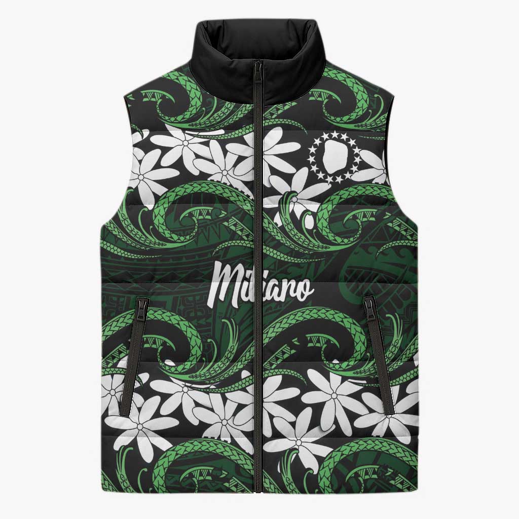 Personalised Cook Islands Mitiaro Sleeveless Puffer Jacket Tiare Maori Polynesian Waves Tattoo