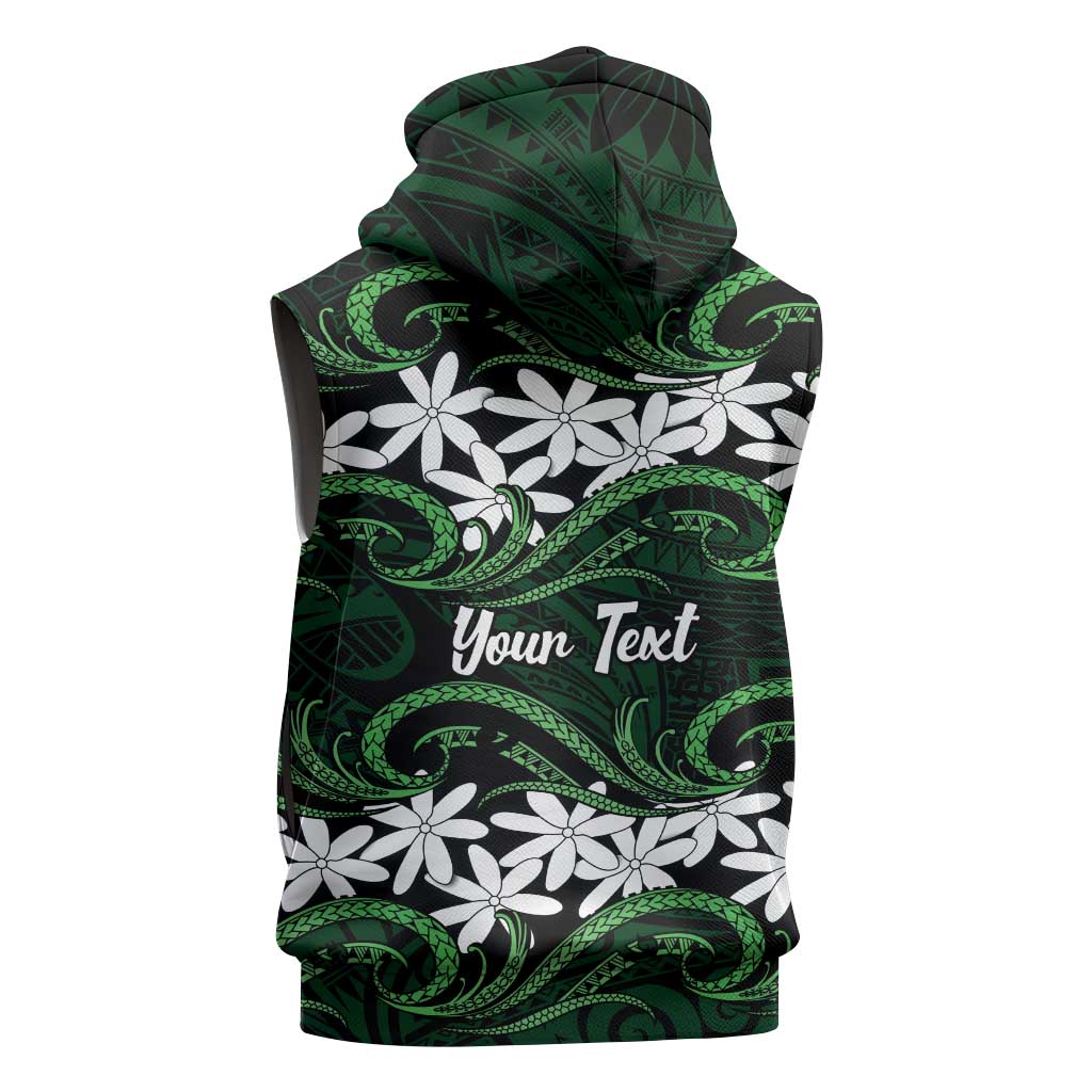 Personalised Cook Islands Mitiaro Sleeveless Zip Hoodie Tiare Maori Polynesian Waves Tattoo
