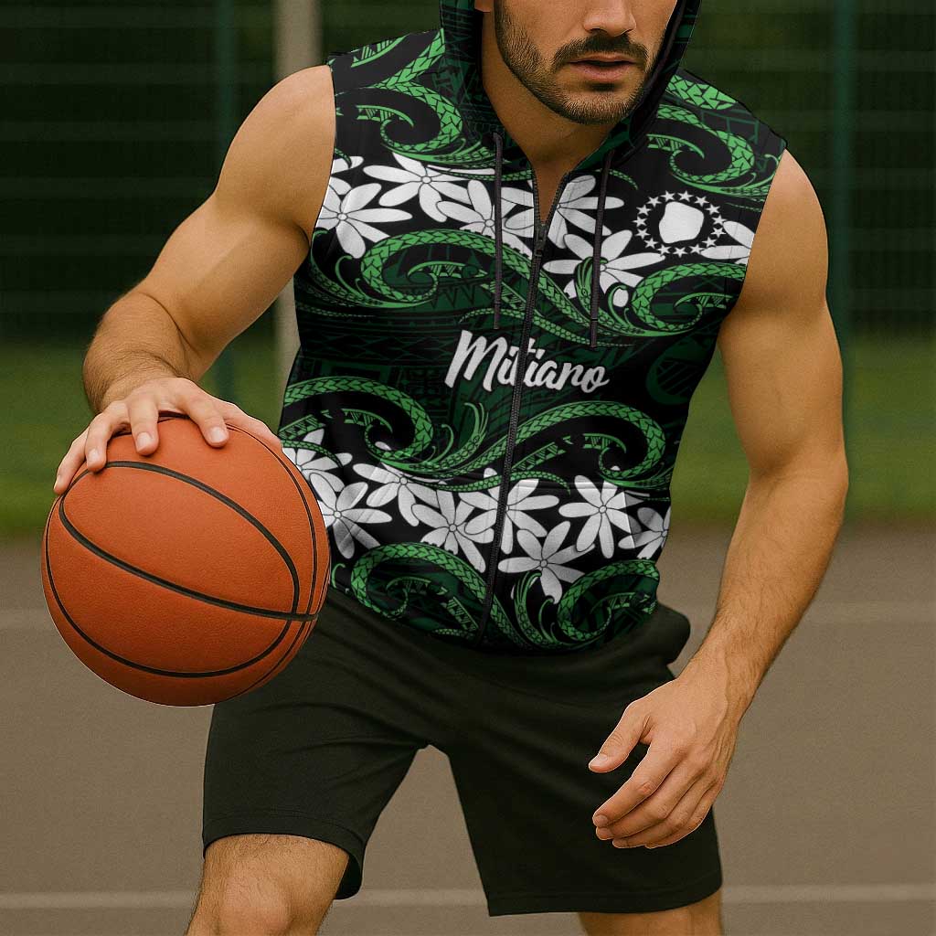 Personalised Cook Islands Mitiaro Sleeveless Zip Hoodie Tiare Maori Polynesian Waves Tattoo