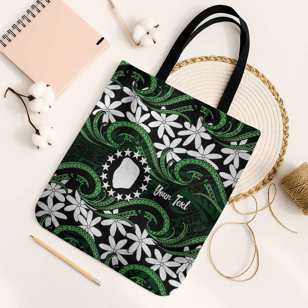 Personalised Cook Islands Mitiaro Tote Bag Tiare Maori Polynesian Waves Tattoo LT14 Black Strap One Size Green - Polynesian Pride