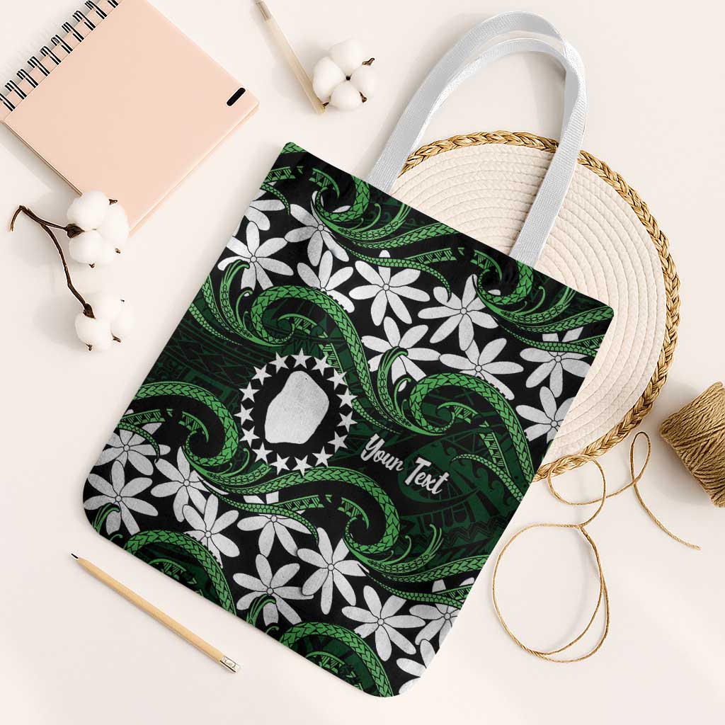 Personalised Cook Islands Mitiaro Tote Bag Tiare Maori Polynesian Waves Tattoo LT14 White Strap One Size Green - Polynesian Pride