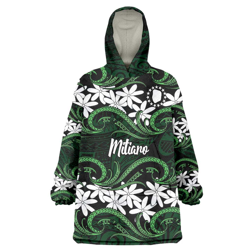 Personalised Cook Islands Mitiaro Wearable Blanket Hoodie Tiare Maori Polynesian Waves Tattoo