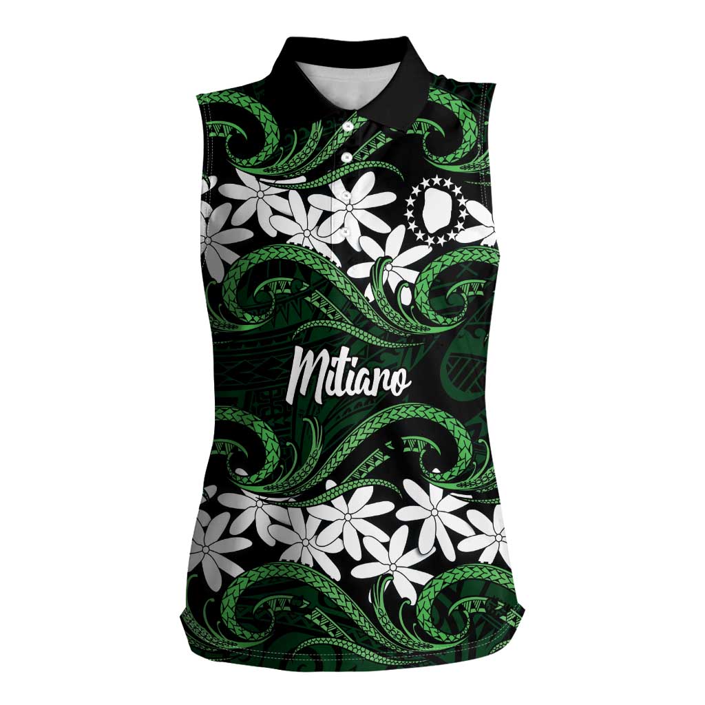 Personalised Cook Islands Mitiaro Women Sleeveless Polo Shirt Tiare Maori Polynesian Waves Tattoo LT14 Female Green - Polynesian Pride