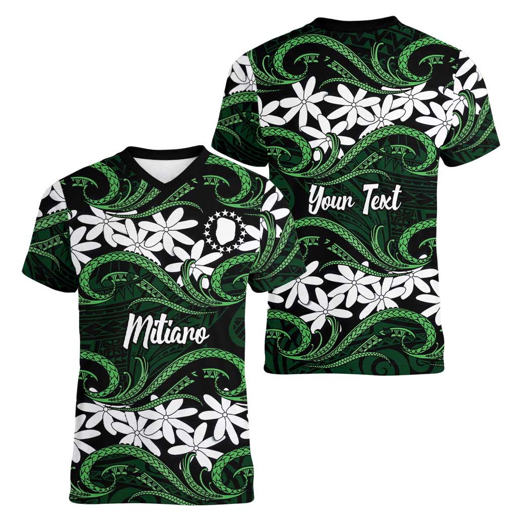 Personalised Cook Islands Mitiaro Women V-Neck T-Shirt Tiare Maori Polynesian Waves Tattoo