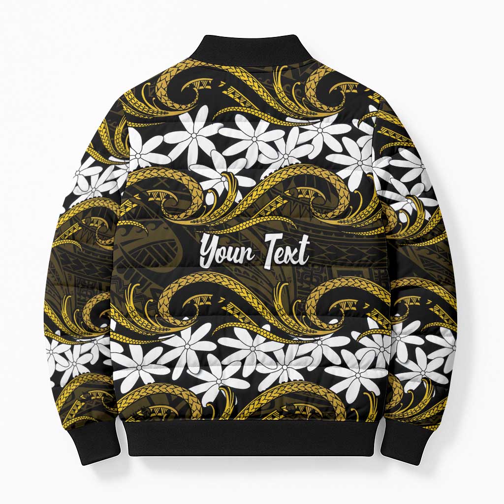 Personalised Cook Islands Manihiki Bomber Puffer Jacket Tiare Maori Polynesian Waves Tattoo
