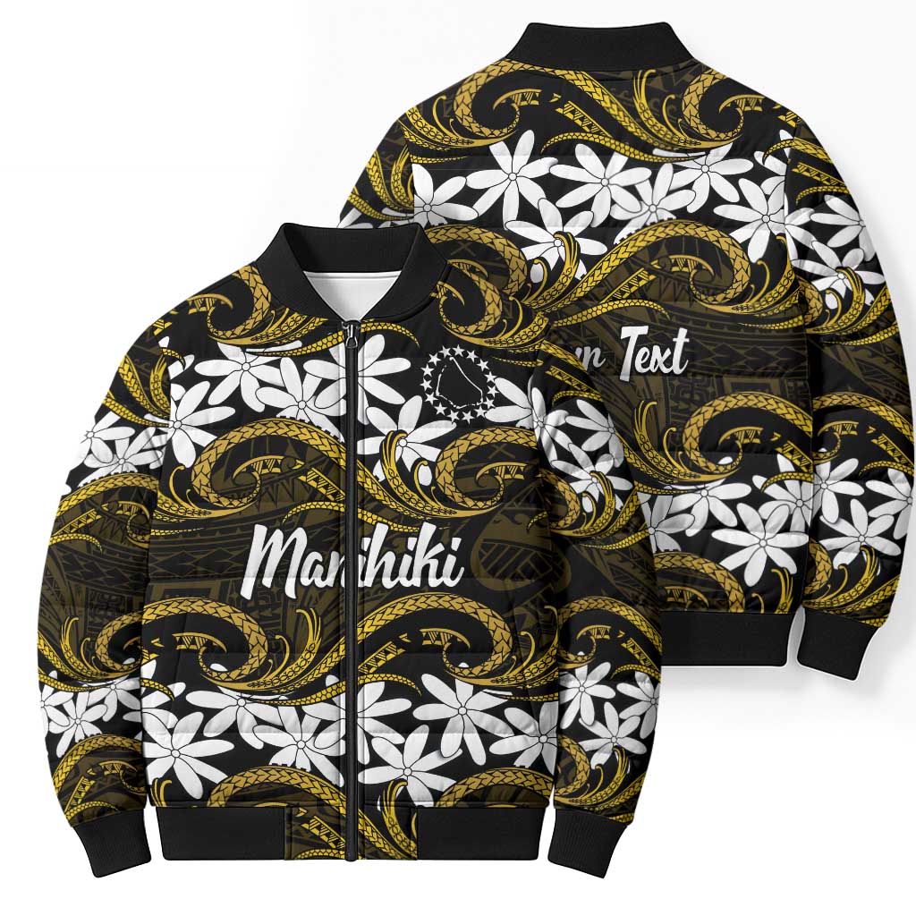 Personalised Cook Islands Manihiki Bomber Puffer Jacket Tiare Maori Polynesian Waves Tattoo