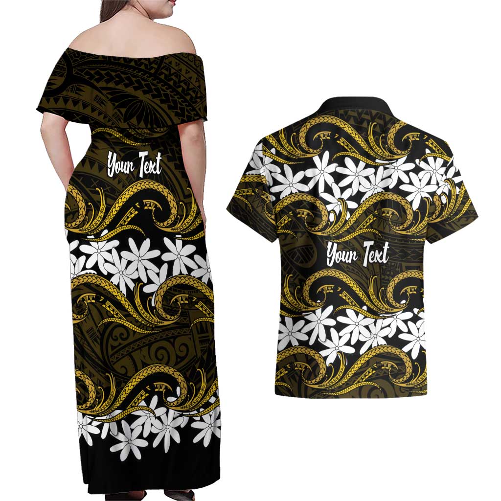 Personalised Cook Islands Manihiki Couples Matching Off Shoulder Maxi Dress and Hawaiian Shirt Tiare Maori Polynesian Waves Tattoo LT14 - Polynesian Pride