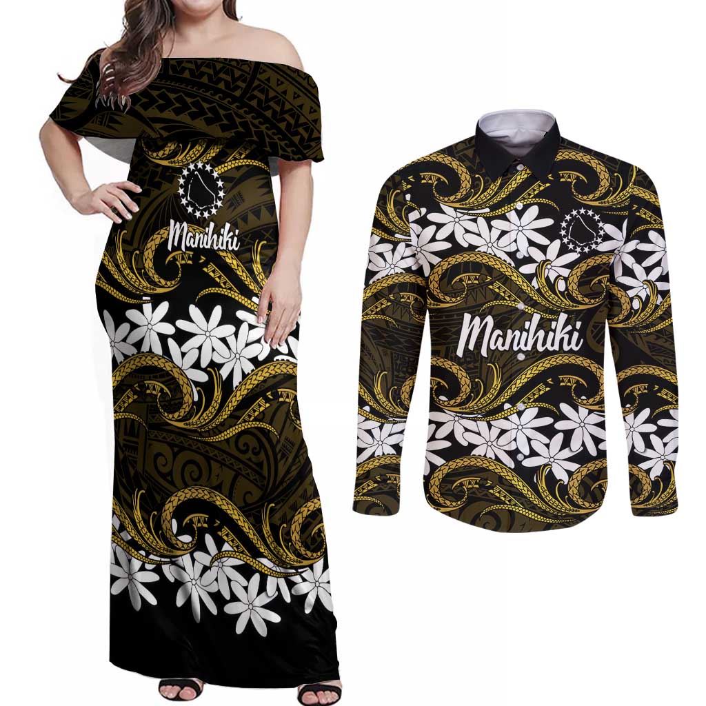 Personalised Cook Islands Manihiki Couples Matching Off Shoulder Maxi Dress and Long Sleeve Button Shirt Tiare Maori Polynesian Waves Tattoo LT14 Gold - Polynesian Pride