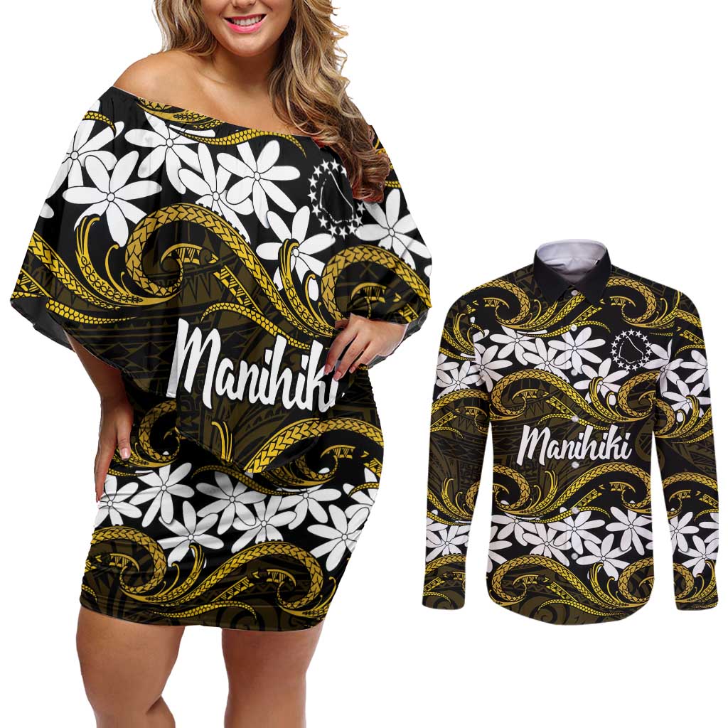 Personalised Cook Islands Manihiki Couples Matching Off Shoulder Short Dress and Long Sleeve Button Shirt Tiare Maori Polynesian Waves Tattoo