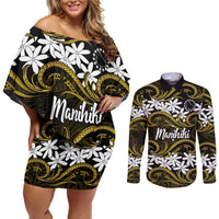Personalised Cook Islands Manihiki Couples Matching Off Shoulder Short Dress and Long Sleeve Button Shirt Tiare Maori Polynesian Waves Tattoo LT14 Gold - Polynesian Pride