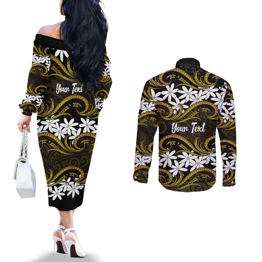 Personalised Cook Islands Manihiki Couples Matching Off The Shoulder Long Sleeve Dress and Long Sleeve Button Shirt Tiare Maori Polynesian Waves Tattoo LT14 - Polynesian Pride