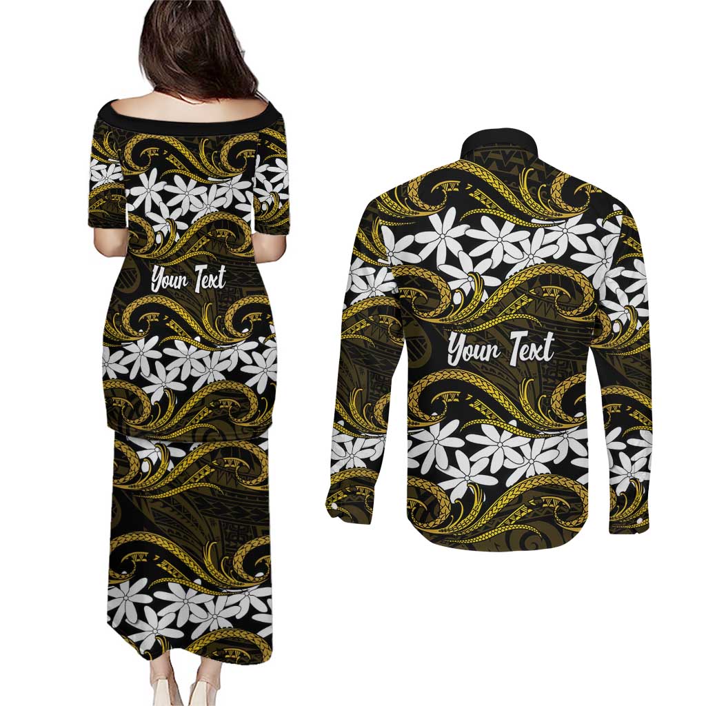 Personalised Cook Islands Manihiki Couples Matching Puletasi and Long Sleeve Button Shirt Tiare Maori Polynesian Waves Tattoo LT14 - Polynesian Pride