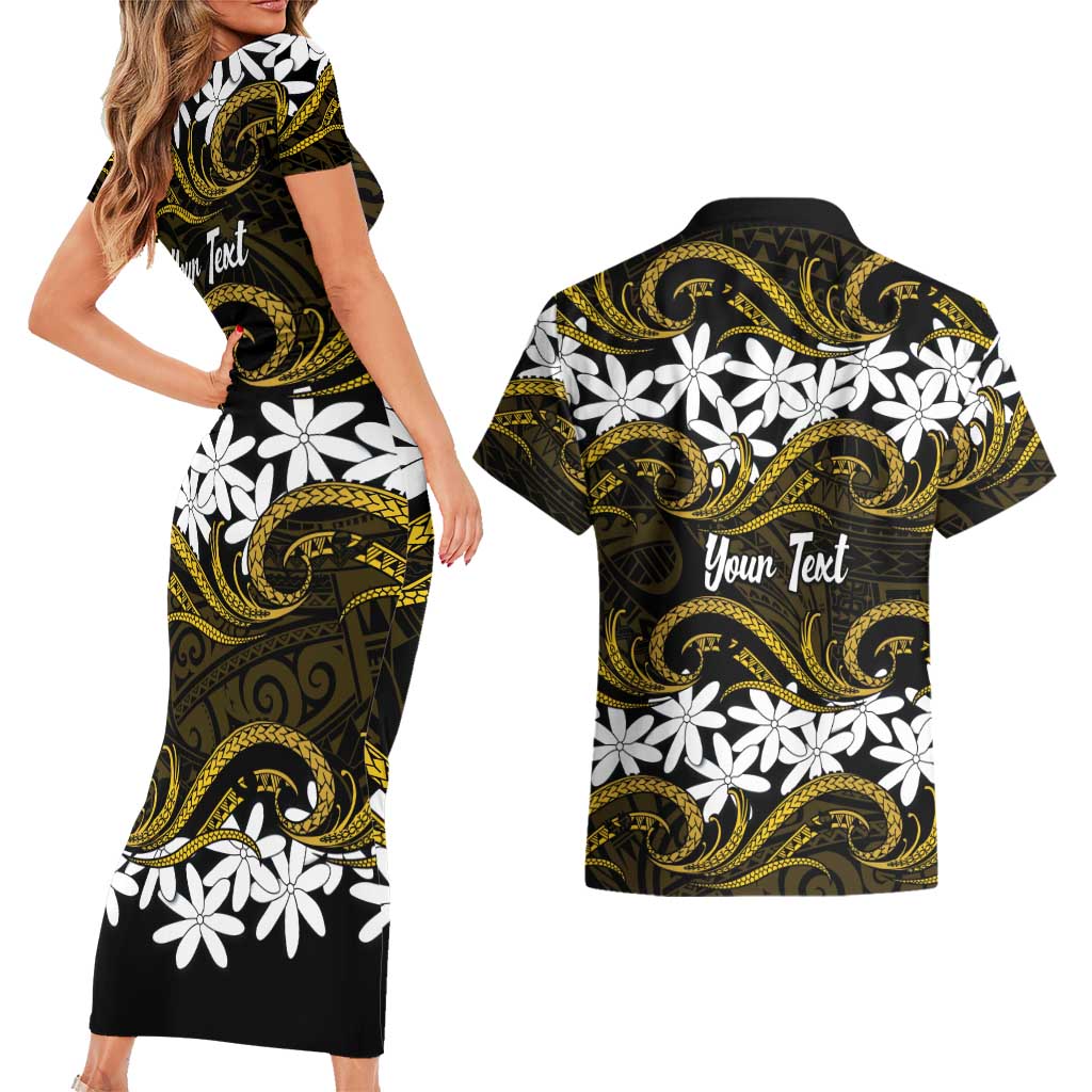 Personalised Cook Islands Manihiki Couples Matching Short Sleeve Bodycon Dress and Hawaiian Shirt Tiare Maori Polynesian Waves Tattoo