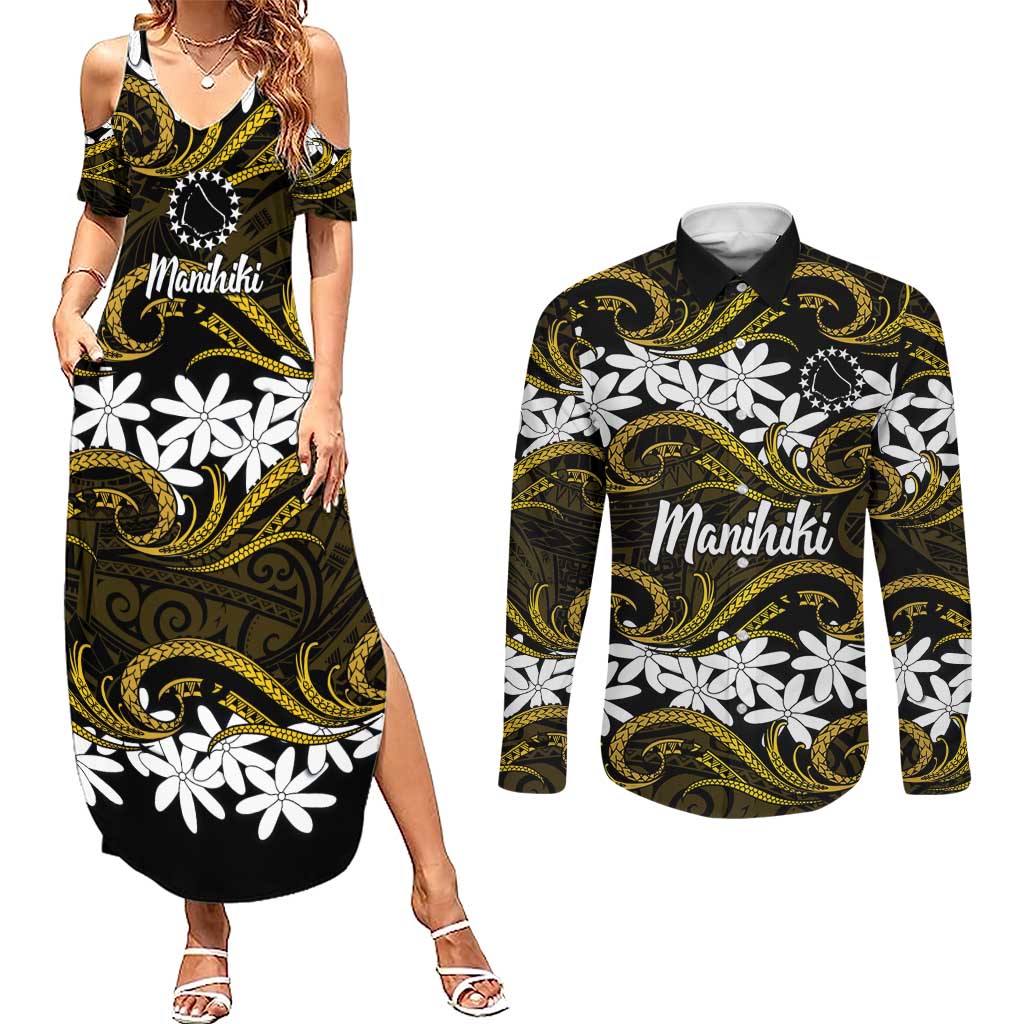 Personalised Cook Islands Manihiki Couples Matching Summer Maxi Dress and Long Sleeve Button Shirt Tiare Maori Polynesian Waves Tattoo LT14 Gold - Polynesian Pride