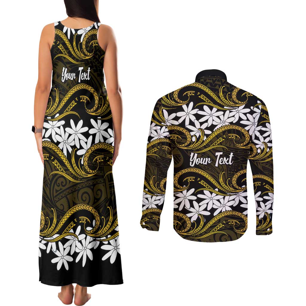 Personalised Cook Islands Manihiki Couples Matching Tank Maxi Dress and Long Sleeve Button Shirt Tiare Maori Polynesian Waves Tattoo LT14 - Polynesian Pride