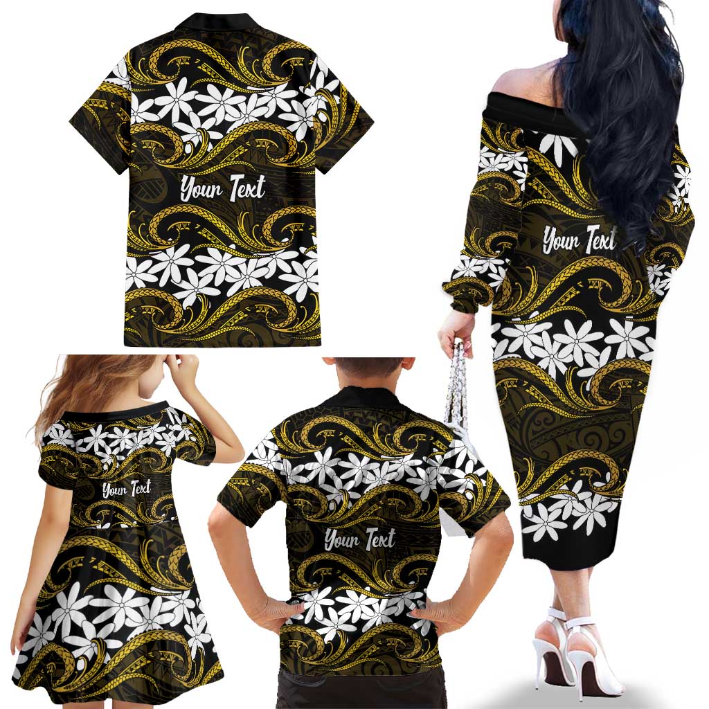 Personalised Cook Islands Manihiki Family Matching Off The Shoulder Long Sleeve Dress and Hawaiian Shirt Tiare Maori Polynesian Waves Tattoo LT14 - Polynesian Pride