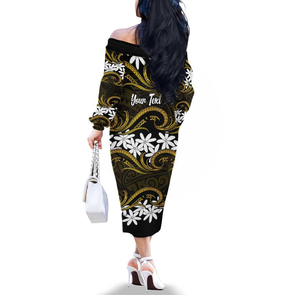 Personalised Cook Islands Manihiki Family Matching Off The Shoulder Long Sleeve Dress and Hawaiian Shirt Tiare Maori Polynesian Waves Tattoo LT14 - Polynesian Pride