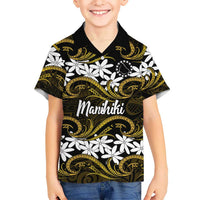 Personalised Cook Islands Manihiki Family Matching Off The Shoulder Long Sleeve Dress and Hawaiian Shirt Tiare Maori Polynesian Waves Tattoo LT14 Son's Shirt Gold - Polynesian Pride