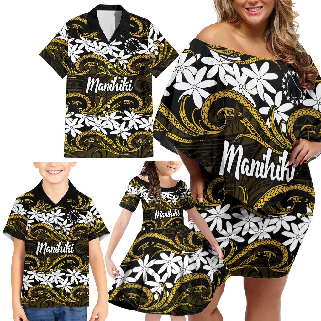 Personalised Cook Islands Manihiki Family Matching Off Shoulder Short Dress and Hawaiian Shirt Tiare Maori Polynesian Waves Tattoo LT14 - Polynesian Pride