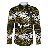 Personalised Cook Islands Manihiki Family Matching Summer Maxi Dress and Hawaiian Shirt Tiare Maori Polynesian Waves Tattoo LT14 Dad's Shirt - Long Sleeve Gold - Polynesian Pride
