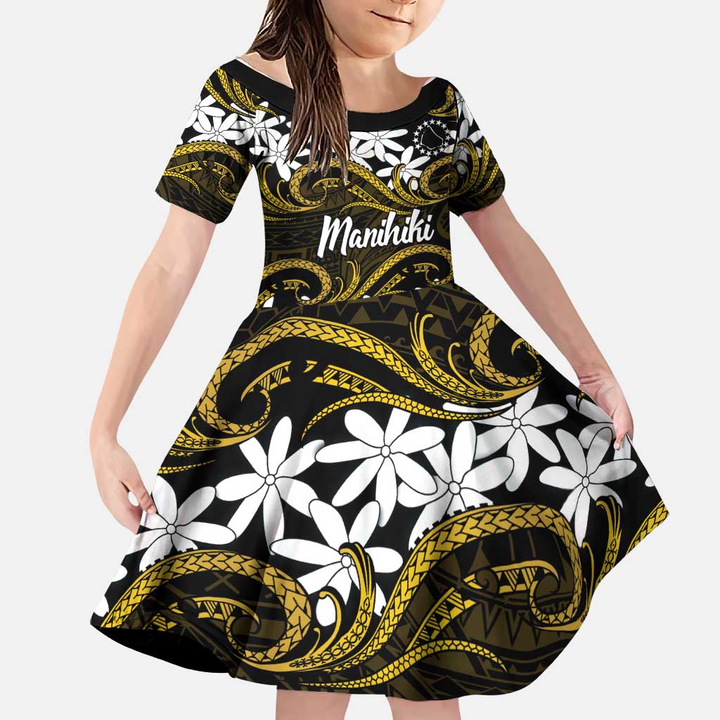 Personalised Cook Islands Manihiki Family Matching Tank Maxi Dress and Hawaiian Shirt Tiare Maori Polynesian Waves Tattoo LT14 Daughter's Dress Gold - Polynesian Pride
