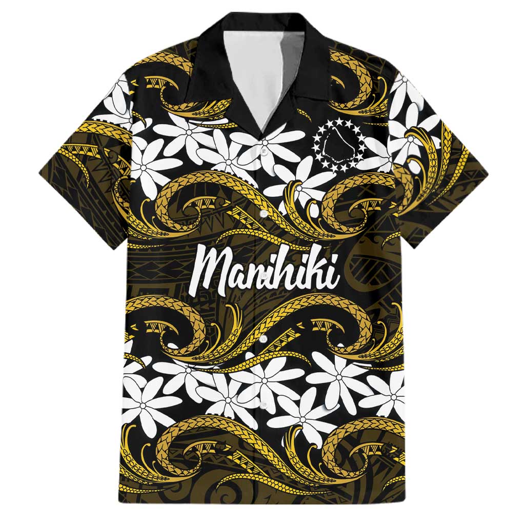 Personalised Cook Islands Manihiki Family Matching Tank Maxi Dress and Hawaiian Shirt Tiare Maori Polynesian Waves Tattoo LT14 Dad's Shirt - Short Sleeve Gold - Polynesian Pride