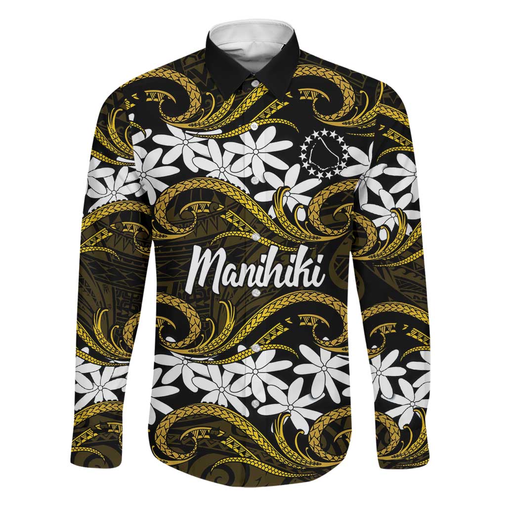 Personalised Cook Islands Manihiki Family Matching Tank Maxi Dress and Hawaiian Shirt Tiare Maori Polynesian Waves Tattoo LT14 Dad's Shirt - Long Sleeve Gold - Polynesian Pride
