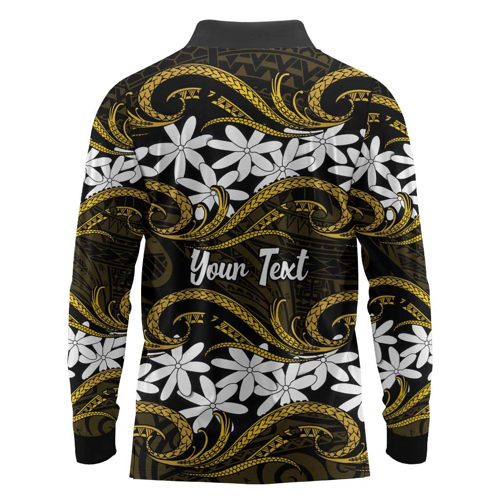 Personalised Cook Islands Manihiki Long Sleeve Polo Shirt Tiare Maori Polynesian Waves Tattoo