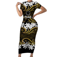 Personalised Cook Islands Manihiki Short Sleeve Bodycon Dress Tiare Maori Polynesian Waves Tattoo LT14 Long Dress Gold - Polynesian Pride