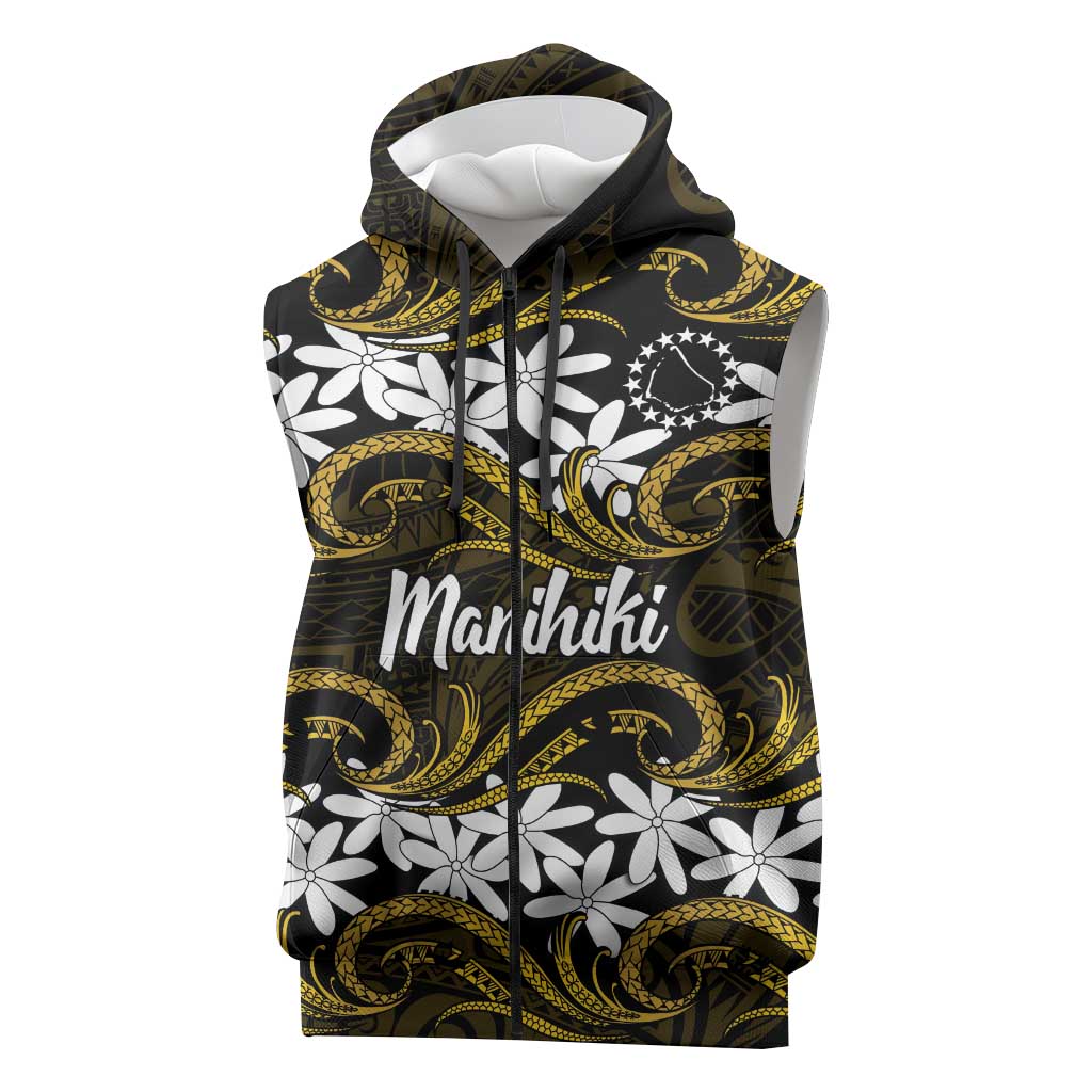 Personalised Cook Islands Manihiki Sleeveless Zip Hoodie Tiare Maori Polynesian Waves Tattoo