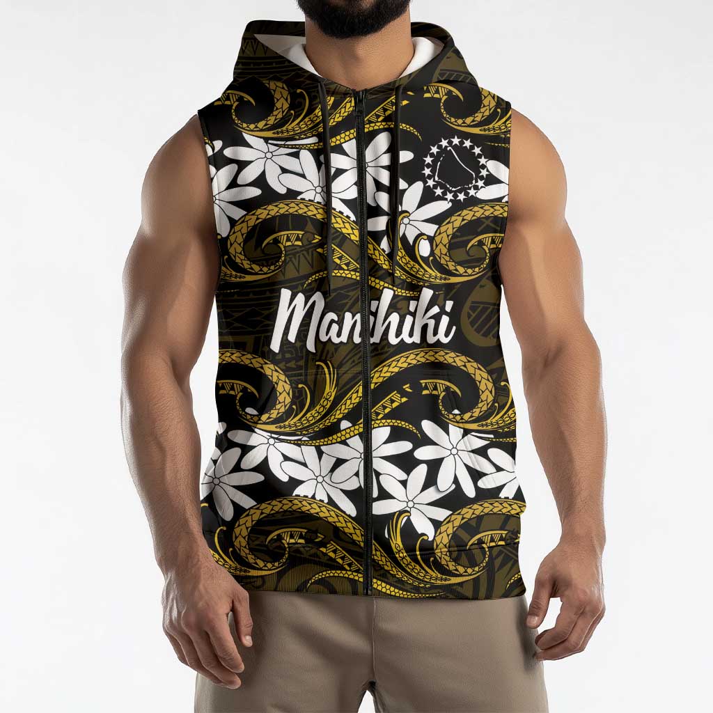 Personalised Cook Islands Manihiki Sleeveless Zip Hoodie Tiare Maori Polynesian Waves Tattoo LT14 - Polynesian Pride
