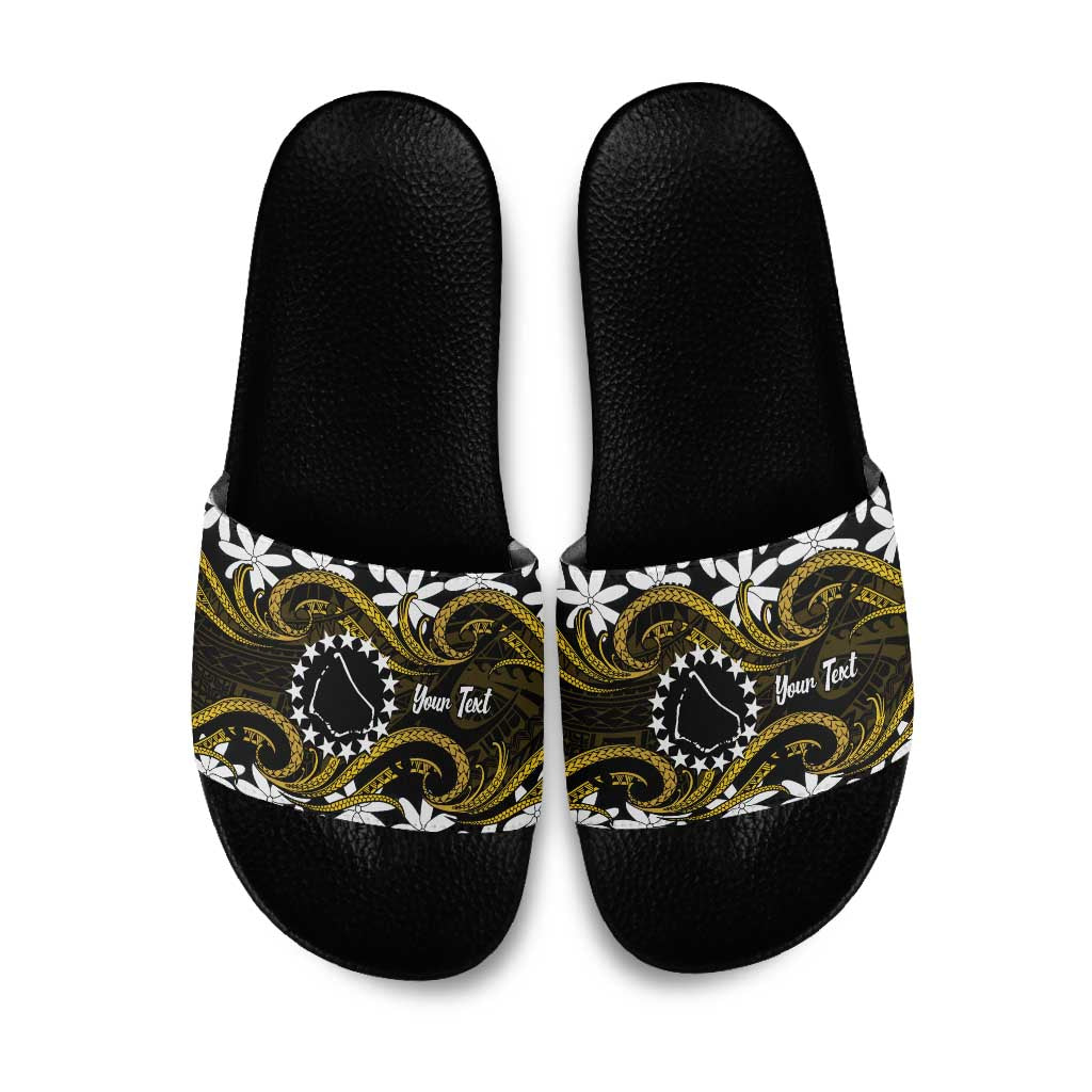 Personalised Cook Islands Manihiki Slide Sandals Tiare Maori Polynesian Waves Tattoo LT14 Gold - Polynesian Pride