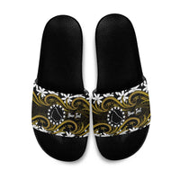 Personalised Cook Islands Manihiki Slide Sandals Tiare Maori Polynesian Waves Tattoo LT14 Gold - Polynesian Pride