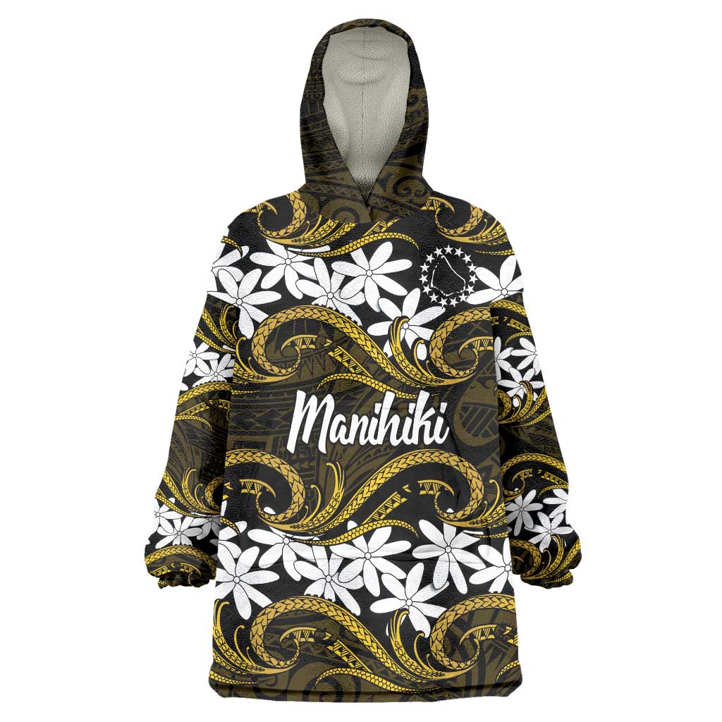 Personalised Cook Islands Manihiki Wearable Blanket Hoodie Tiare Maori Polynesian Waves Tattoo LT14 One Size Gold - Polynesian Pride