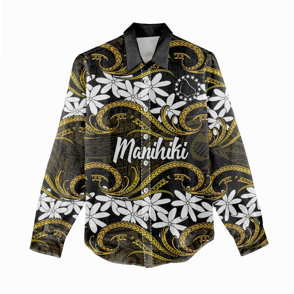 Personalised Cook Islands Manihiki Women Casual Shirt Tiare Maori Polynesian Waves Tattoo LT14 - Polynesian Pride