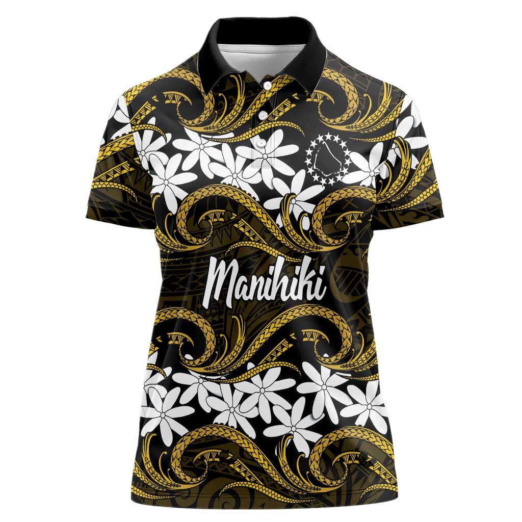 Personalised Cook Islands Manihiki Women Polo Shirt Tiare Maori Polynesian Waves Tattoo