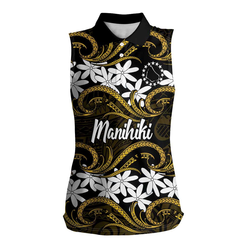Personalised Cook Islands Manihiki Women Sleeveless Polo Shirt Tiare Maori Polynesian Waves Tattoo LT14 Female Gold - Polynesian Pride
