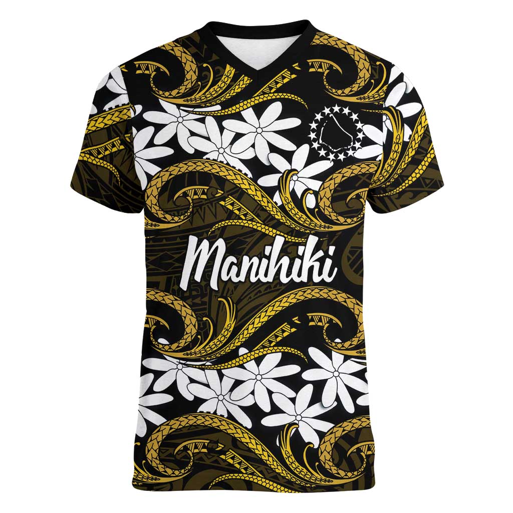 Personalised Cook Islands Manihiki Women V-Neck T-Shirt Tiare Maori Polynesian Waves Tattoo LT14 Female Gold - Polynesian Pride