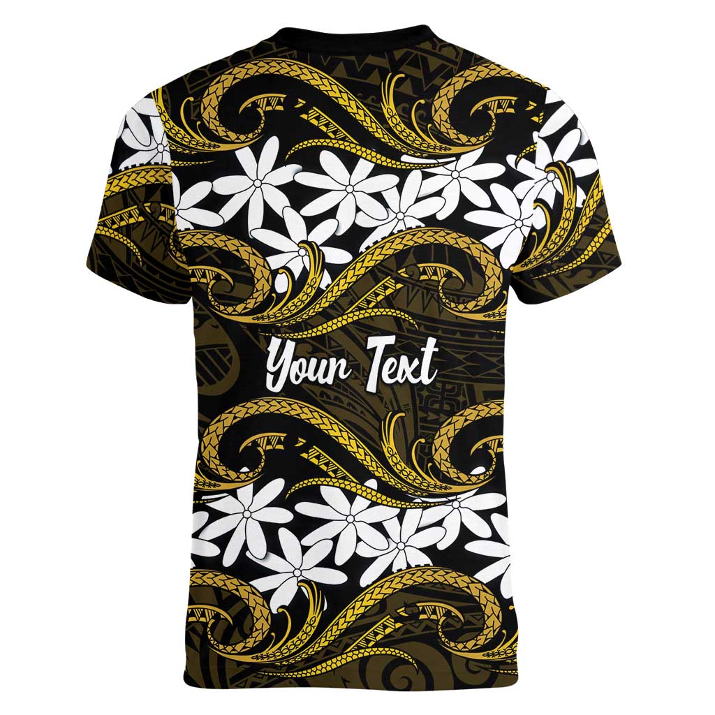 Personalised Cook Islands Manihiki Women V-Neck T-Shirt Tiare Maori Polynesian Waves Tattoo LT14 - Polynesian Pride