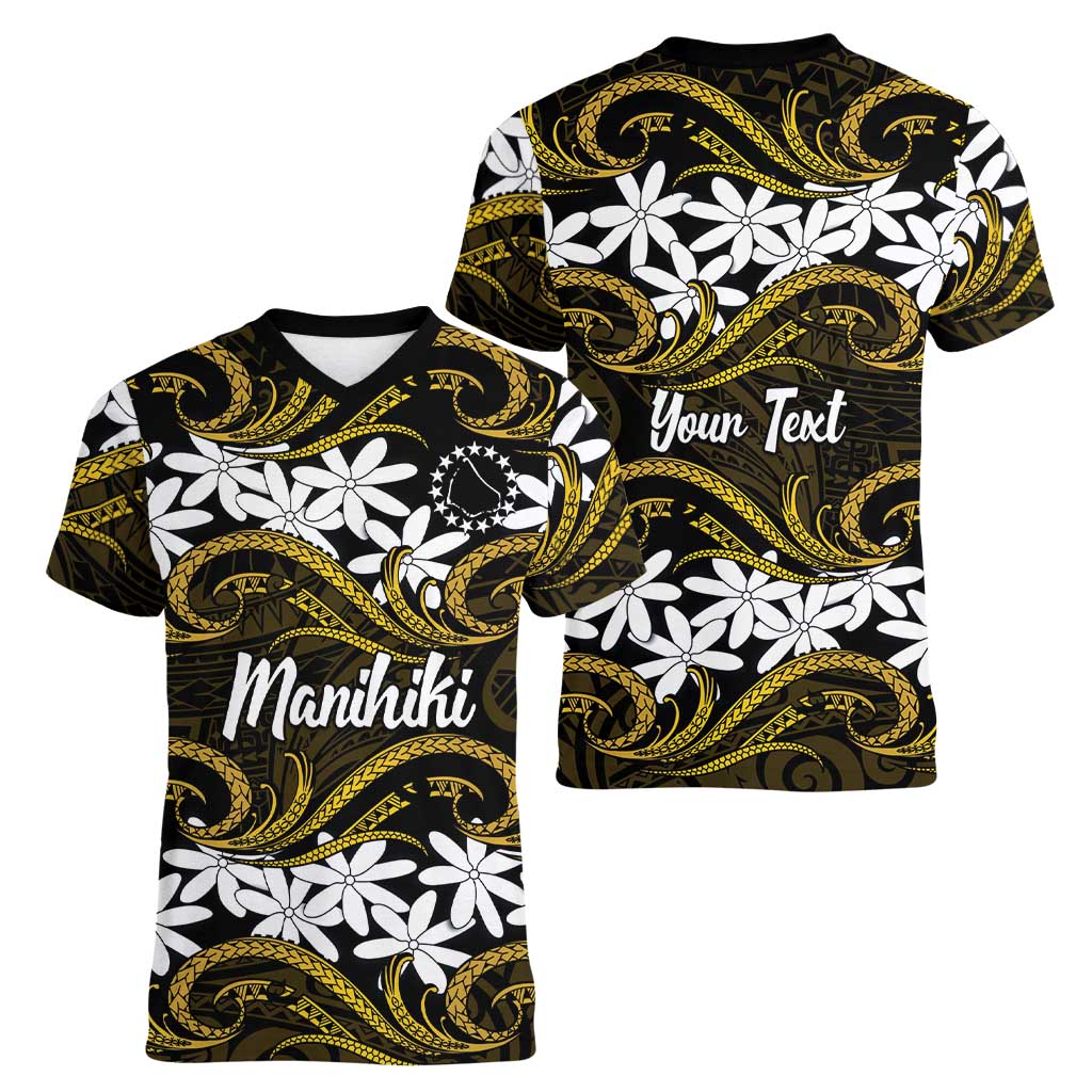 Personalised Cook Islands Manihiki Women V-Neck T-Shirt Tiare Maori Polynesian Waves Tattoo LT14 - Polynesian Pride